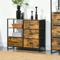 HOMCOM Living Room Storage Cabinet, Industrial Accent Cabinet with 4 Fabric Bins, 2 Open Shelves for Living Room, Rustic Brown(m-8)