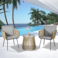 Outsunny 3 Pieces Wicker Outdoor Bistro Set, Rattan Patio Furniture Set with Glass Coffee Table and Porch Chairs for Backyard, Balcony, Garden, Gray(m-10)