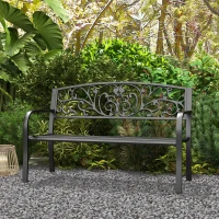 Outsunny 50" Outdoor Bench, Metal Garden Bench with Floral Pattern Backrest, Porch Bench with Slatted Seat for Park, Yard, Lawn, Black(m-8)