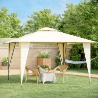Outsunny 11' x 11' Outdoor Canopy Tent Party Gazebo with Double-Tier Roof, Steel Frame, Included Ground Stakes, Beige(m-10)