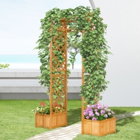 Outsunny 7.7FT Garden Arch with 2 Foldable Planter Boxes, Outdoor Wooden Trellis Arbor for Ceremony Party Weddings, Brown