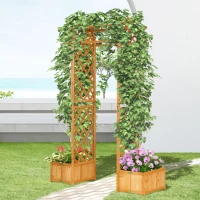 Outsunny 7.7FT Garden Arch with 2 Foldable Planter Boxes, Outdoor Wooden Trellis Arbor for Ceremony Party Weddings, Brown(m-1)