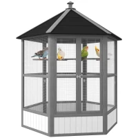 PawHut 69" Wooden Hexagonal Outdoor Aviary Flight Bird Cage With Covered Roof, Light Gray(m-11)