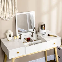 HOMCOM Makeup Vanity Desk with Flip Top Mirror and Cushioned Stool, Dressing Table Writing Desk with 2 Drawers and Storage Grids for Bedroom (White)(m-9)