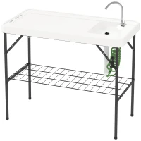 Outsunny Folding Fish Cleaning Table with Sink, Portable Camping Table with Faucet, Drainage Hose, Sprayer and Shelf, White(m-1)