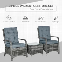 Outsunny 3 Piece Outdoor PE Rattan Patio Furniture Set Bistro Set w/ Cover, Tempered Glass Tabletop for Balcony, Pool, Grey(m-4)