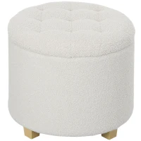 HOMCOM 18" Round Ottoman with Storage, Teddy Fleece Button Tufted Foot Stool with Lid, Wood Legs for Living Room Hallway, White(m-11)