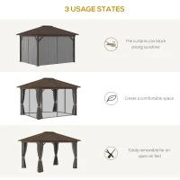 Outsunny 10' x 12' Hardtop Gazebo with Curtains and Netting, Permanent Pavilion Metal Single Roof Gazebo Canopy with Aluminum Frame and Hooks, for Garden, Patio, Backyard, Gray(m-7)
