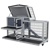 PawHut Rabbit Cage Outdoor Indoor Wooden Rabbit Hutch with Run Openable Top 3 Removable Trays, for 1-2 Rabbits, Grey(m-10)