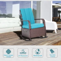Outsunny Outdoor Wicker Rocking Chair Patio PE Rattan Recliner Chair with Cushion, Adjustable Footrest, Armrests, Turquoise(m-4)