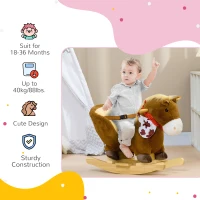 Qaba Baby Rocking Horse, Riding Horse, Plush Animal Rocker with Realistic Sound, Pedals for Ages 18-36 Months, Brown(m-5)
