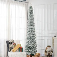 HOMCOM 8' Tall Unlit Slim Pencil Xmas Tree, Snow Flocked Artificial Christmas Tree with Realistic Branches and 603 Tips, Green(m-2)