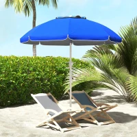 Outsunny 5.7' Beach Umbrella for Travel with Tilt, Adjustable Height, 2 Cup Holders, Hooks, Vent, Ruffles, Sapphire Blue(m-2)