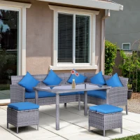 Outsunny 5 Pieces Wicker Patio Conversation Dining Furniture Set with Cushions, Table and Ottomans, Bright Blue(m-10)