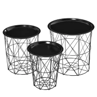 HOMCOM Set of 3 Nesting Coffee Tables with Storage, Round End Table with Removable Tray, Basket Side Tables with Metal Frame for Living Room, Black(m-2)