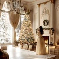 HOMCOM 9 ft Prelit Flocked Artificial Christmas Tree with 750 Clear Lights, 2387 Tips, Metal Stand for Home Office Holiday(m-10)