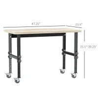 HOMCOM 47.25" Work Bench with Height Adjustable Legs, Bamboo Tabletop Workstation Tool Table on Wheels for Garage, Weight Capacity 1320 Lbs, Black/Natural(m-3)