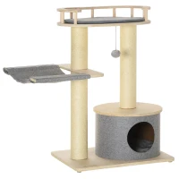 PawHut 35" Cat Tree, Kitty Activity Centre, Wooden Cat Climbing Toy, Cat Tower with Cat Bed Hammock Condo Washable Cushion Hanging Ball Toy Sisal Scratching Post, Natural(m-2)