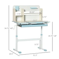 Qaba Wooden Kids Study Desk, Height Adjustable Children School Study Table, Student Writing Desk with Tilt Desktop, Drawer, Storage Shelf, Pen Holder, Blue(m-3)