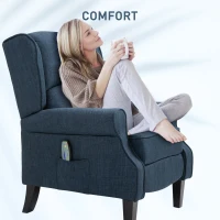 HOMCOM Vibration Massage Recliner Chair for Living Room with Heat,  Wingback Single Sofa, Modern Linen Fabric Push Back Reclining Chair with Footrest, Side Pocket,  Dark Blue(m-7)