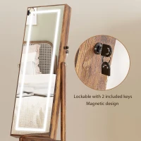 HOMCOM Lockable Jewellery Armoire with LED Light, Standing Mirror with Storage for Bedroom Dressing Room, Rustic Brown(m-7)