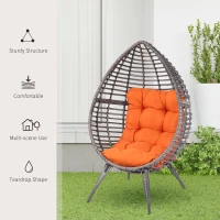 Outsunny Patio Wicker Egg Chair w/ Soft Cushion, Teardrop Cuddle Seat, Outdoor / Indoor Patio Chair, PE Plastic Rattan Furniture with Adjustable Height Feet Pads, Orange(m-6)