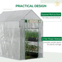 Outsunny 73" x 47" x 75" Walk-in Greenhouse Outdoor Portable Plant Flower Growth Warm House Garden Tunnel Shed with Roll-up Door and 4 Shelves, White(m-5)