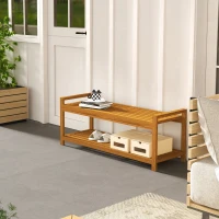 Outsunny Garden Stool with Storage Shelf, Slatted Seat for Indoor Conservatory, Garden, Poolside, Deck, Teak(m-8)
