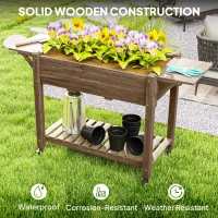 Outsunny Wood Raised Planter Box, Elevated Garden Bed with Lockable Wheels, Side Tables, Bottom Shelf, Drain Holes, Carbonized(m-8)