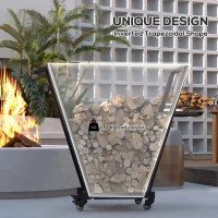 Outsunny Firewood Rack with Wheels, Metal Log Holder with Kindling and Tool Hooks, Indoor/Outdoor, 31.1" x 11.8" x 31.9", Black(m-4)