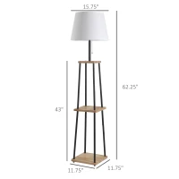 HOMCOM Modern Free Standing Tall Floor Lamp with Linen Style Fabric Shade & 3-Tier Rubberwood Display Shelving(m-3)