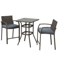 Outsunny 3 Pieces Patio Bar Set Wicker Garden Bistro Set Outdoor Furniture PE Rattan Table and Stools with Seat Cushion, Grey(m-12)