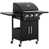 Outsunny Outdoor 3 Burner Gas Grill Portable Barbecue w/ Wheels, Warming Rack, Shelves, Cabinet, Thermometer, Black(m-2)