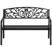 Outsunny 50" Outdoor Bench, Metal Garden Bench with Floral Pattern Backrest, Porch Bench with Slatted Seat for Park, Yard, Lawn, Black(m-11)