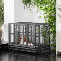 PawHut 43" Heavy Duty Dog Crate Metal Cage Kennel with Lockable Wheels, Double Door and Removable Tray, Gray(m-10)