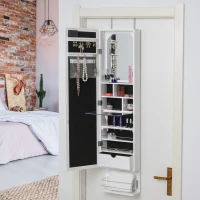 HOMCOM Mirror Jewellery Cabinet Armoire, Jewellery Organizer with 18 LED Lights, Wall-Mounted and Over-The-Door Cabinet with 3 Mountable Heights, Drawer and Open Shelf, White(m-8)