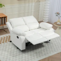 HOMCOM PU Leather Manual Recliner Sofa, Double Reclining Loveseat with Pullback Control Footrest for Living Room, White(m-8)