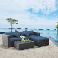 Outsunny 5-Piece Patio Furniture Set with Cushions, Outdoor PE Rattan Wicker Sofa Set, Sectional Furniture with Pillows, Glass Coffee Table for Garden, Backyard, Coffee/Blue(m-2)