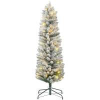 HOMCOM 5ft Artificial Prelit Christmas Tree with Warm White LED Light, Snow Flocked Branches, Metal Base, Pencil Xmas Tree(m-2)