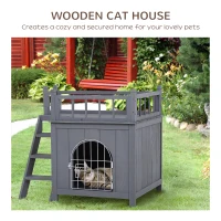PawHut 2-Story Pet House for Cats Miniature Sized Dogs, Wooden Kitten Shelter with Enclosure, Balcony, Lockable Gate, Stairs, Grey(m-4)