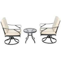 Outsunny 3 Pieces Outdoor Bistro Set, 2 Swivel Rocker Chairs and 1 Round Tempered Glass Table with Cushion, Yard, Lawn, Porch and Garden Furniture, White(m-11)