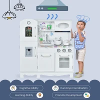 Qaba Kids Kitchen Playset with Telephone, Wooden Kitchenette for kids with Cookware, Storage Cabinet, Water Dispenser, Blackboard, Toddler Pretend Play Kitchen with Cooking Accessories for Aged 3+(m-4)