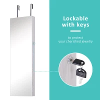 HOMCOM Mirror Jewellery Cabinet Armoire with LED Lights and 2 Keys, Wall Door Mounted Jewellery Organizer, Lockable Full-length Mirror, Wood Grain Grey(m-5)
