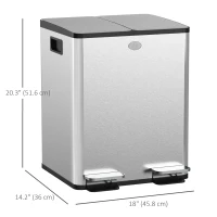 HOMCOM Dual Garbage Bin, Soft-Close Trash Can with Foot Pedal, 2 x 20 Liter Garbage Can with Removable Inner Buckets, Silver(m-3)