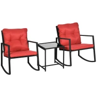 Outsunny 3 Pieces Rocking Bistro Set, Outdoor Wicker Patio Furniture with Glass Coffee Table and Outside Rocking Chairs for Porch, Conversation Sets with Thick Cushions, Red(m-11)