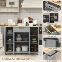 HOMCOM Modern Rolling Kitchen Island Cart with Drawers, Natural Wood Top, Towel Rack, Door Storage Cabinet, Grey(m-4)