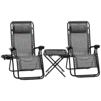 Outsunny Zero Gravity Chair Set of 2 Patio Chair with Side Table Cupholders and Pillows for Pool, Backyard, Lawn, Beach, Grey(m-2)