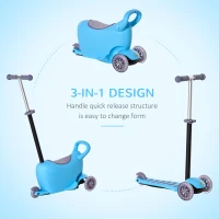 Qaba 3-in-1 Kids Scooter Sliding Walker Push Car 3 Wheels Height Adjustable with Removable Storage Seat Ride on Toy for 2-6 years Light Blue(m-4)