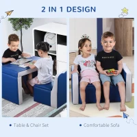 Qaba Kids Sofa Set 2-in-1 Multi-Functional Toddler Table Chair Set 2 Seat Couch Storage Box Soft Sturdy Blue(m-9)