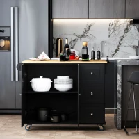 HOMCOM Mobile Kitchen Island with Drop Leaf, Storage Trolley Cart on Wheels, Towel/Spice Rack, 3 Drawers, 2-Door Cabinet, Black(m-4)